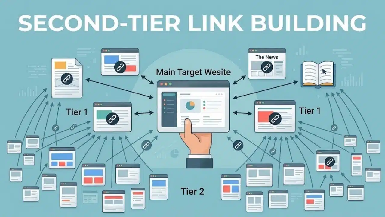 Diagram illustrating second-tier link building: Tier 2 sites link to Tier 1 properties, which then link to the main target website