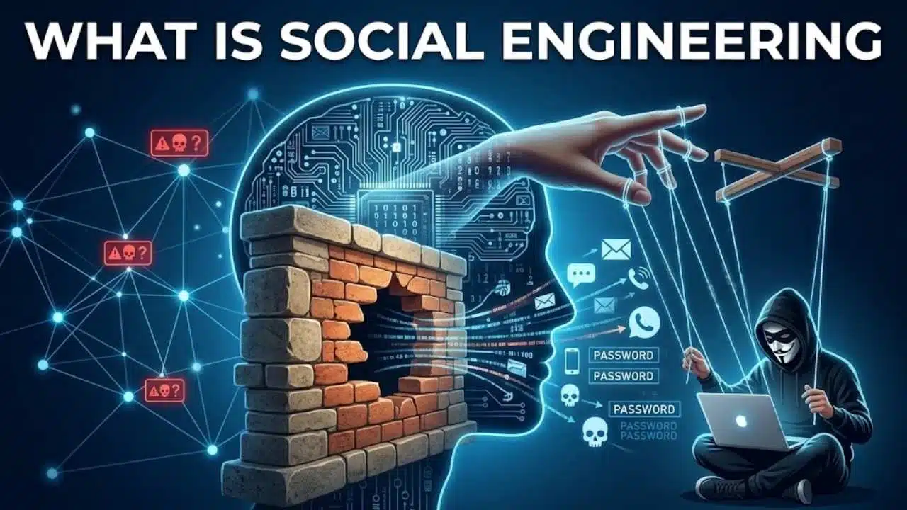An infographic on social engineering showing a hacker in a hoodie manipulating human behavior via puppet strings to bypass technical security and steal passwords