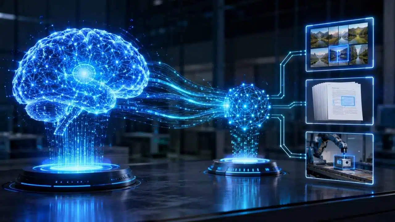 Glowing digital AI brain illustrating transfer learning in AI by connecting data nodes to image recognition, text analysis, and robotics tasks.