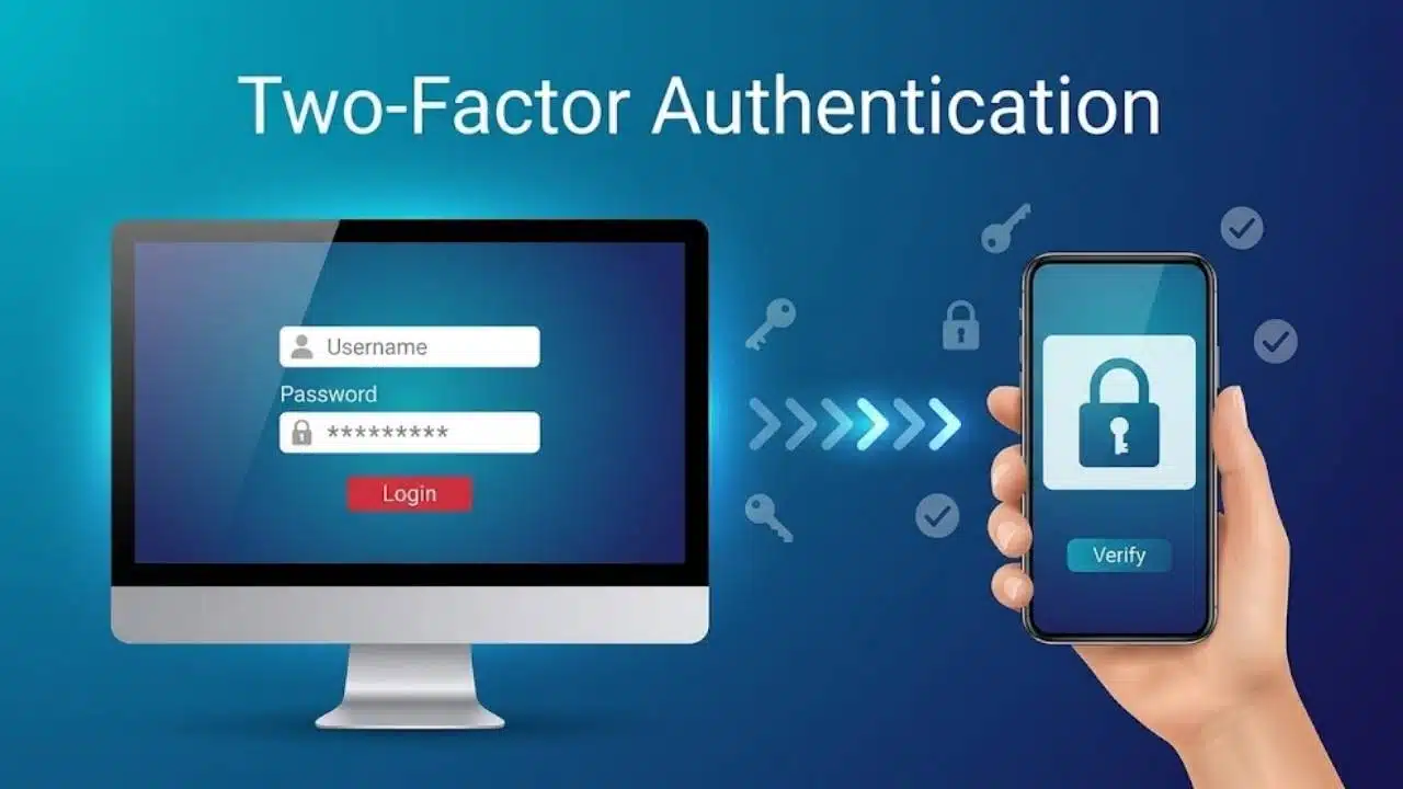 An infographic showing a computer and phone with security icons illustrating the process of two-factor authentication