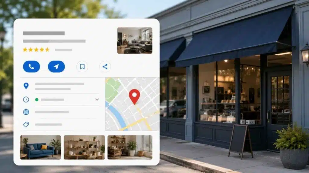 Digital Google Business Profile interface displaying reviews, location map, and photos superimposed over a physical storefront.