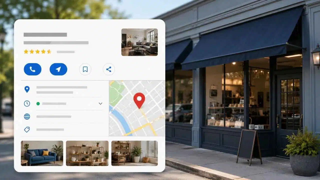 Digital Google Business Profile interface displaying reviews, location map, and photos superimposed over a physical storefront.
