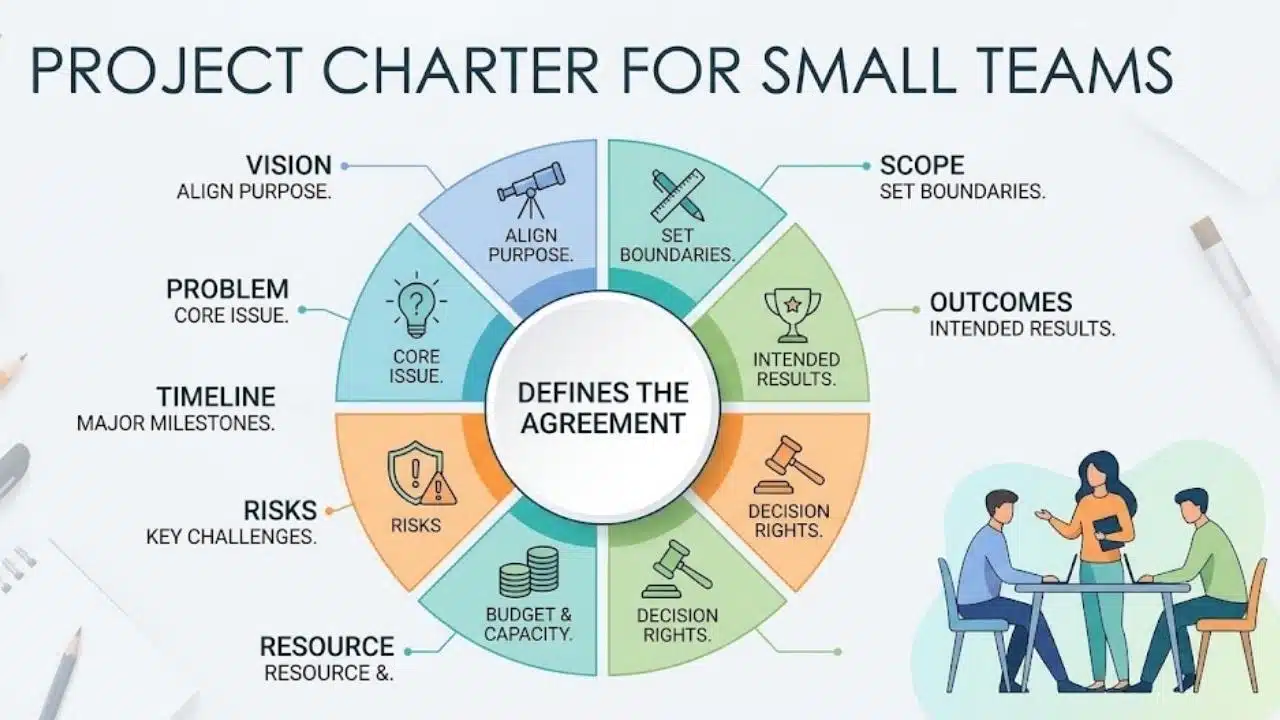 Circular infographic diagram breaking down key elements of a project charter for small teams, including scope, vision, and risks