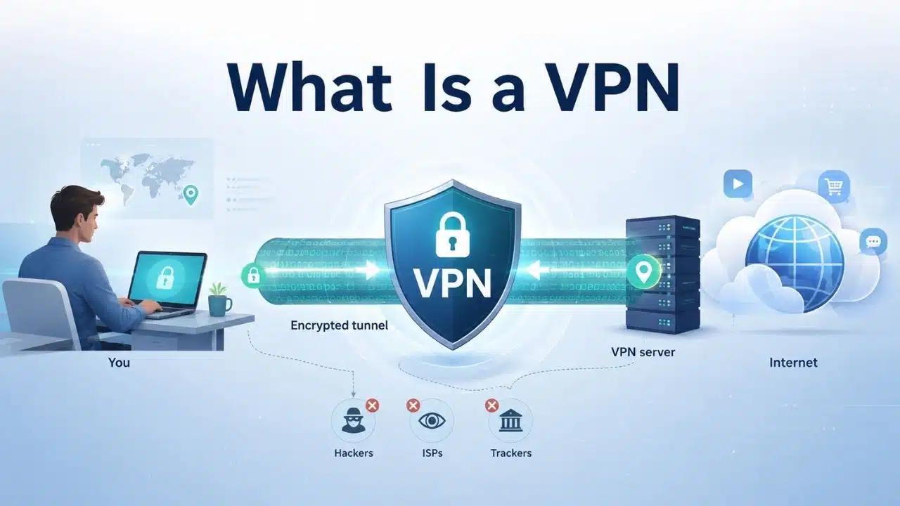 What Is a VPN infographic showing a user connecting through an encrypted VPN tunnel to a VPN server before reaching the internet, with privacy protection from hackers, ISPs, and trackers.