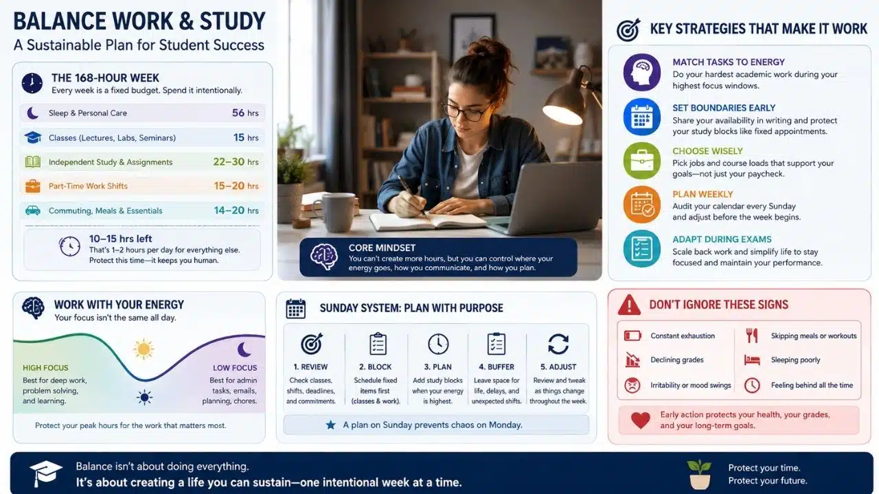 Infographic showing a 168 hour weekly budget, energy based planning, weekly scheduling, work boundaries, and burnout warning signs for working students.