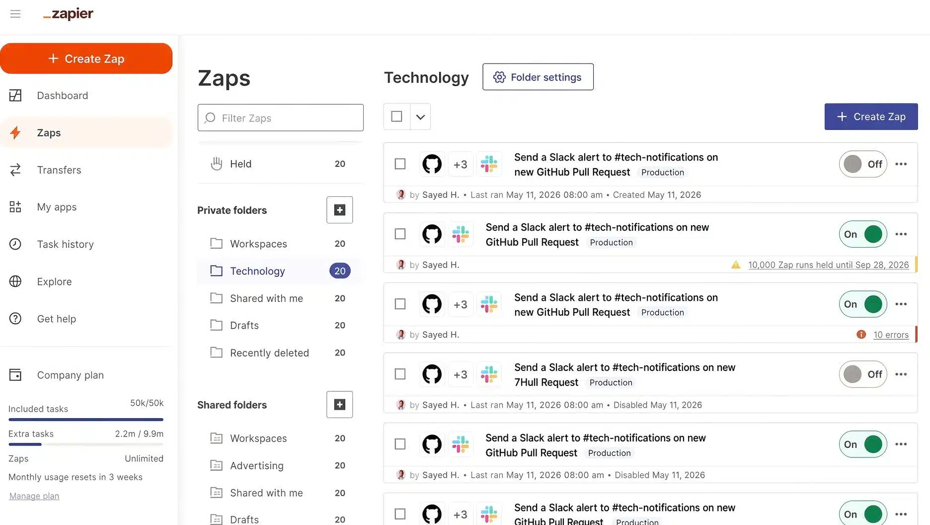 Zaps of Our Tech Teams in Zapier Dashboard