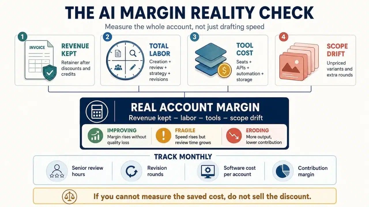 AI agency margin audit covering retained revenue, labor, software costs, scope drift, and monthly profitability metrics.