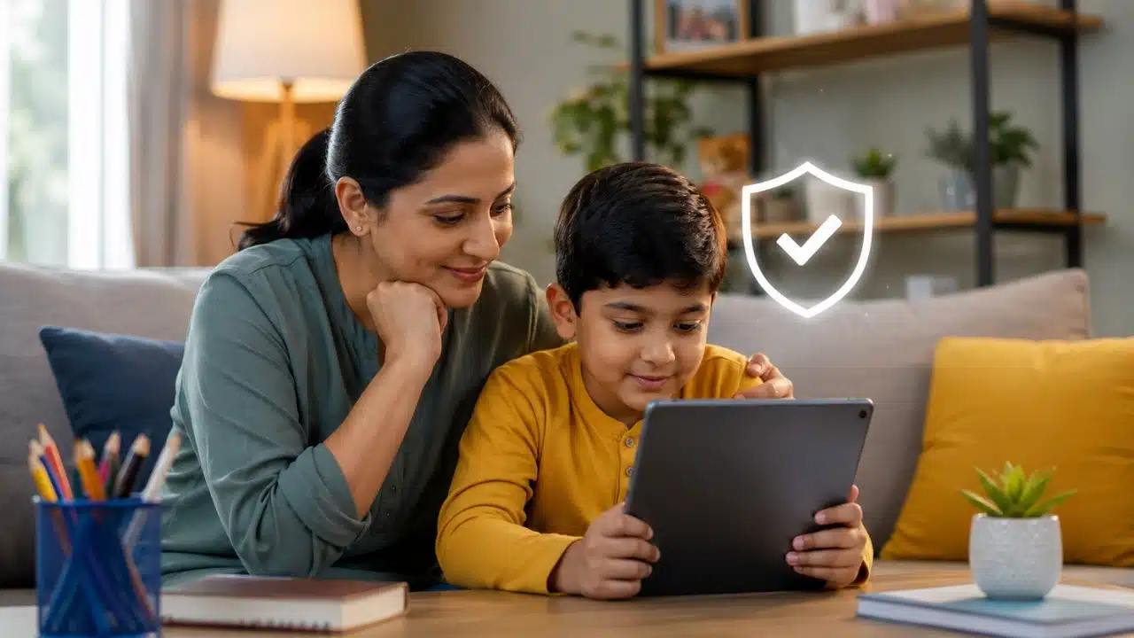 App safety checks for parents shown through a mother guiding her child on a tablet, helping viewers understand safe and supervised app use at home.