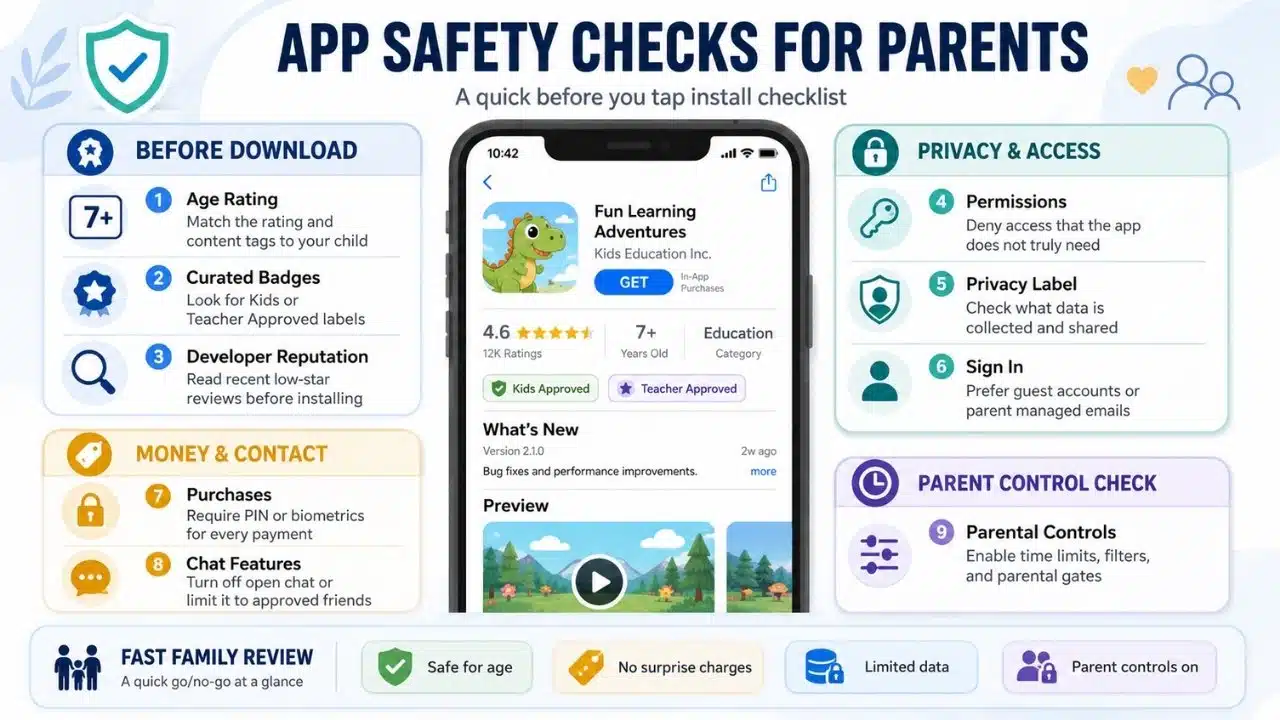 Infographic showing app safety checks for parents, including privacy, permissions, purchases, chat settings, and parental controls for safer app choices.