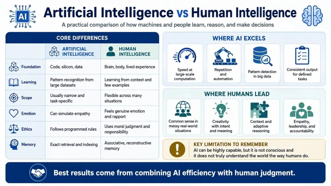 Infographic comparing artificial intelligence and human intelligence across learning, speed, creativity, emotion, ethics, memory, and practical strengths.
