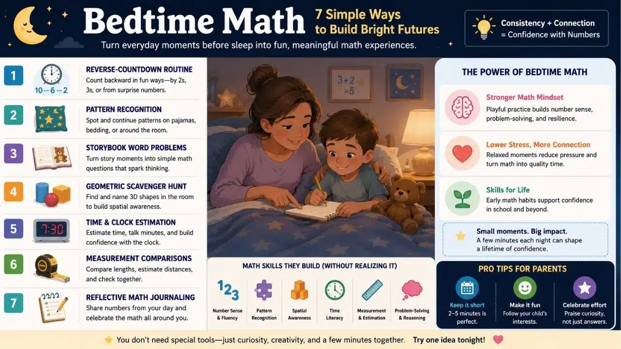 Infographic showing seven bedtime math activities and the early numeracy skills they help children developInfographic showing seven bedtime math activities and the early numeracy skills they help children developInfographic showing seven bedtime math activities and the early numeracy skills they help children developInfographic showing seven bedtime math activities and the early numeracy skills they help children develop