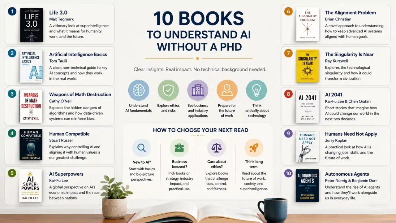 Infographic highlighting approachable AI books and the key topics readers can explore including ethics, business, risks, and future technology