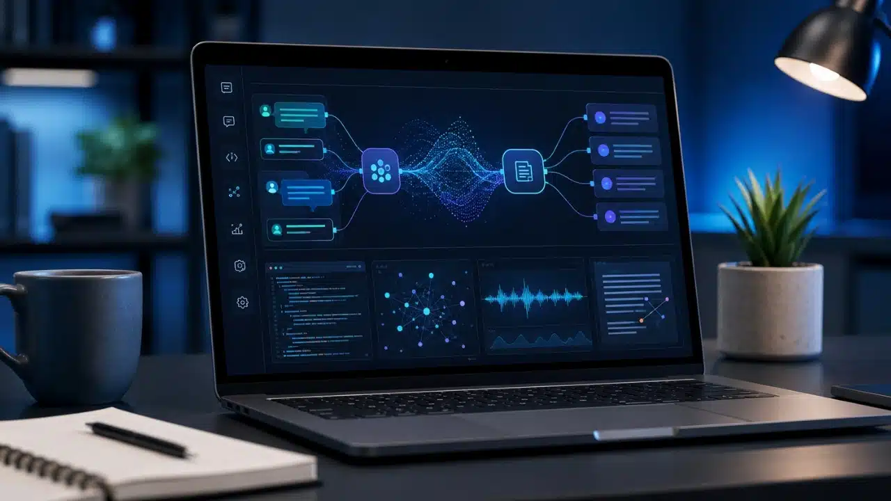 Best NLP tools for developers shown through a modern coding workspace with language processing pipelines, text analysis, and model visualizations.
