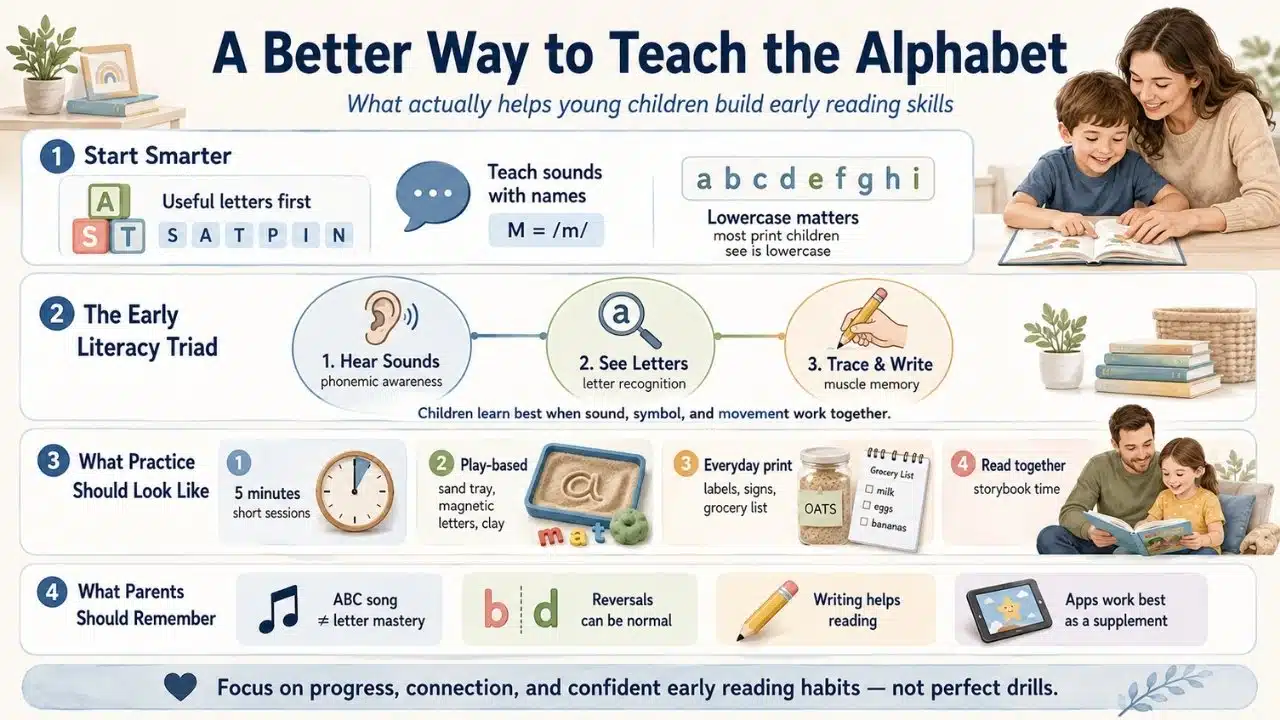 Infographic explains how sound awareness, letter recognition, tracing, short practice, and shared reading work together to support effective alphabet learning.