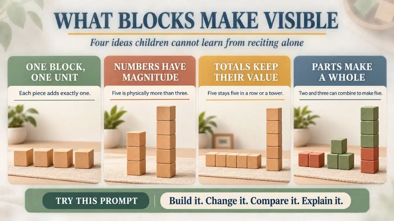 Infographic showing how blocks make units, magnitude, equal totals, and part-whole relationships visible to young learners.