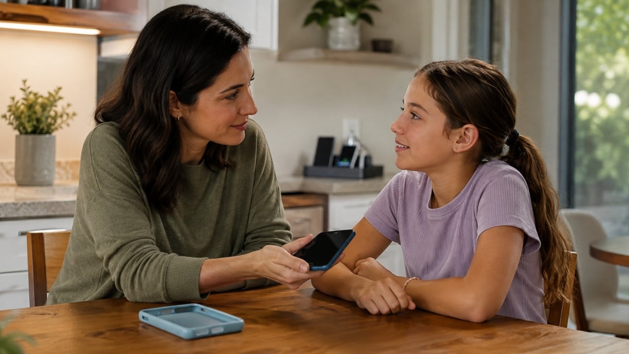 Parent discussing a first smartphone with a child at home, illustrating cell phone safety for kids through trust, clear rules, and responsible use.