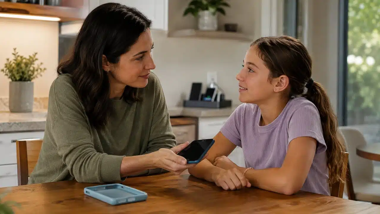 Parent discussing a first smartphone with a child at home, illustrating cell phone safety for kids through trust, clear rules, and responsible use.