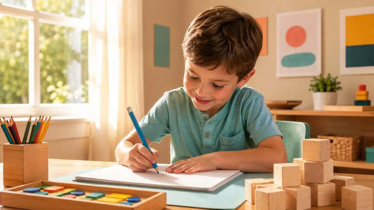 A young child writing with focus at a warm sunlit desk illustrating the benefits of invented spelling in early literacy development.