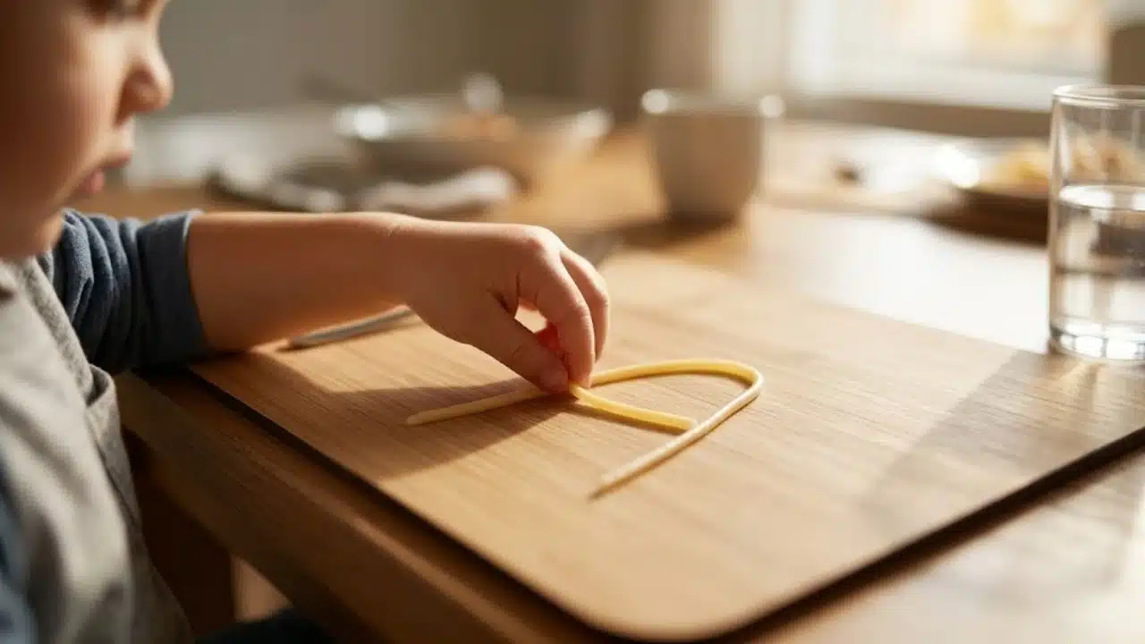 A young child using cooked spaghetti to form the letter A on a wooden dining table showing parents how to practice letters at the dinner table through fun sensory mealtime play