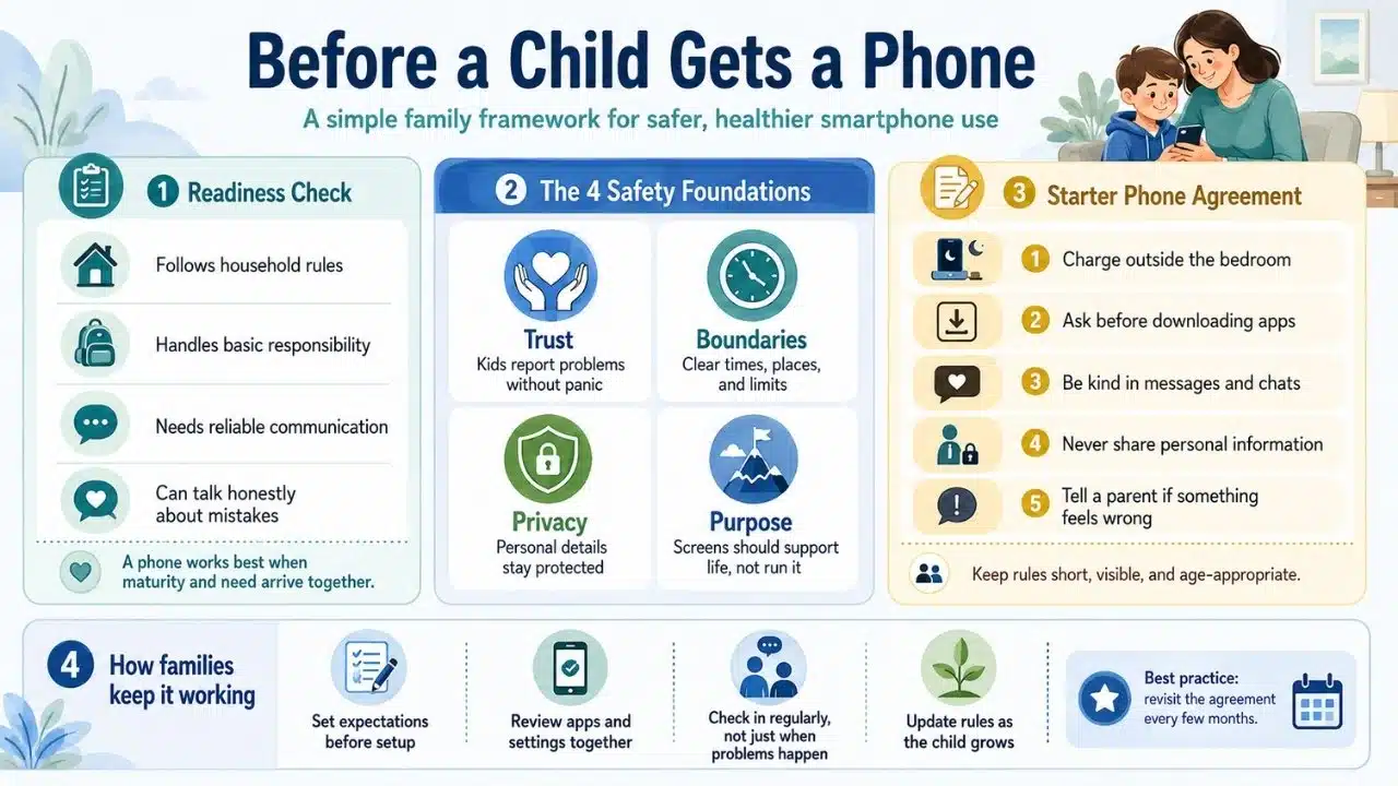 Infographic showing phone readiness signs, four safety foundations, starter family rules, and ways parents can update boundaries as children grow.