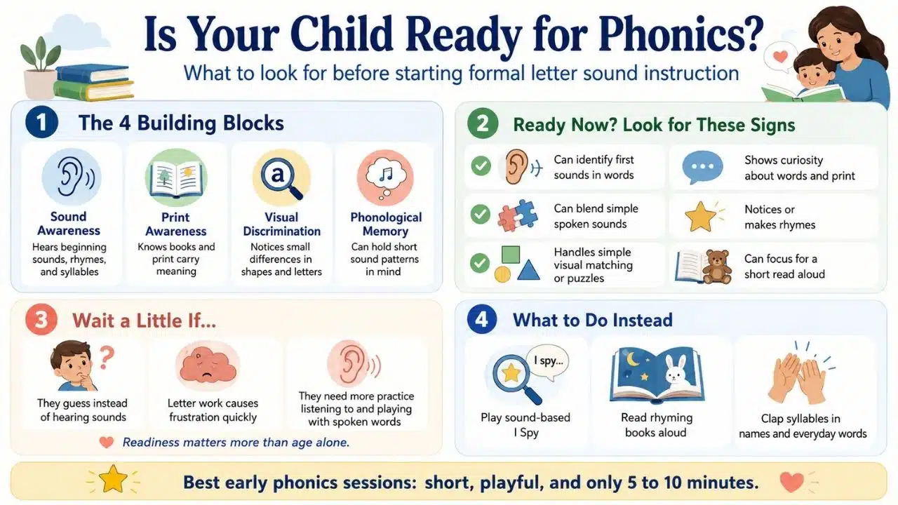 Infographic showing the building blocks of phonics readiness, signs a child may be ready, when to wait, and simple activities that help build sound awareness before formal reading instruction
