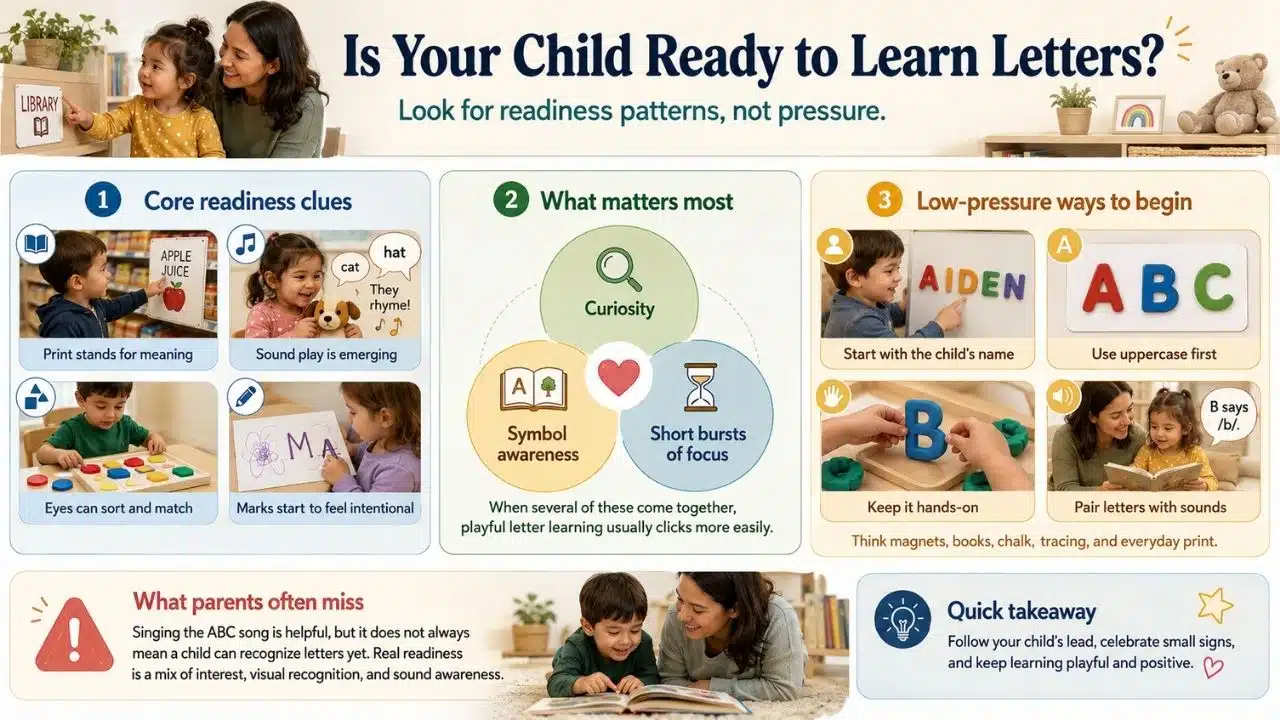 Infographic showing key early literacy readiness patterns, what matters most before formal alphabet teaching, and simple low pressure ways parents can begin letter learning.