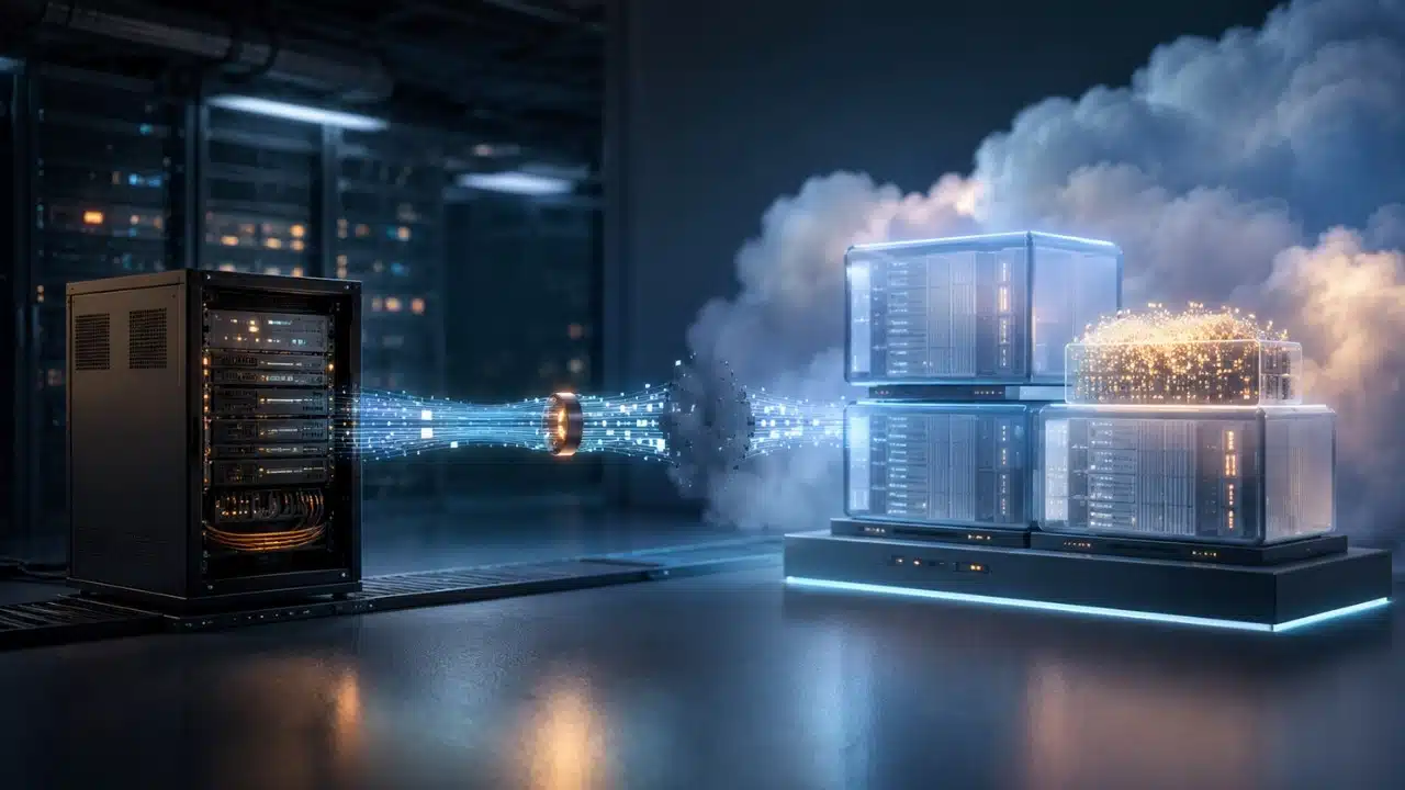Cloud migration mistakes illustrated by data moving from legacy servers through a bottleneck into cloud infrastructure, helping SaaS teams recognize migration risks.