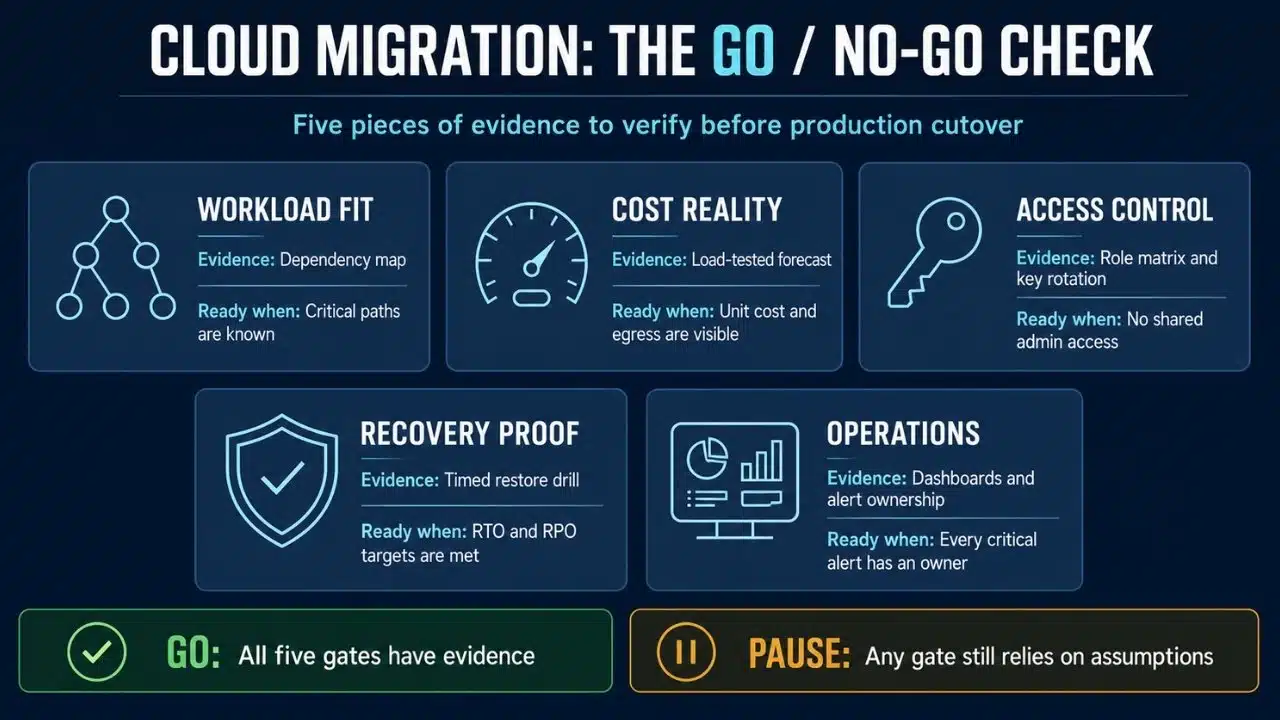 Cloud migration readiness infographic showing five checks that help SaaS teams determine whether they are prepared for production cutover.