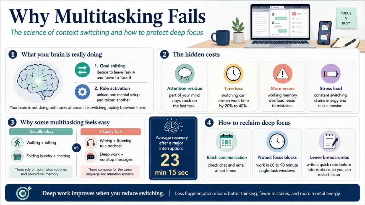 Infographic explaining context switching, attention residue, time loss, common multitasking conflicts, and ways to protect deep focus.