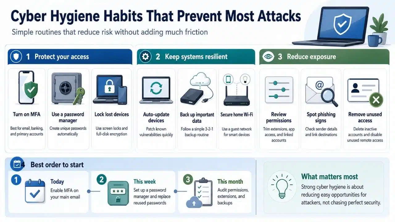 Infographic organizing essential cyber hygiene practices into account protection, system resilience, reduced exposure, and a simple action plan.