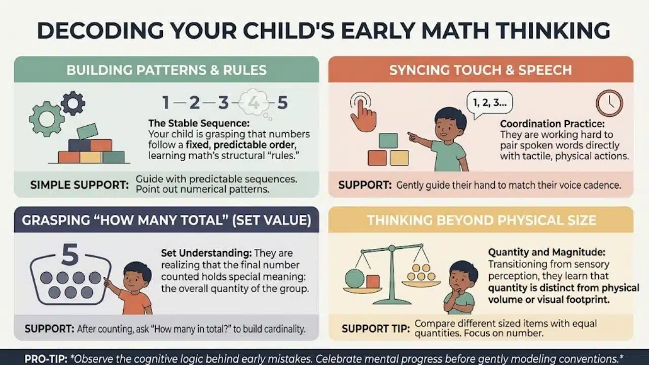Infographic breaking down 4 early math pillars to explain how counting mistakes that show progress highlight hidden cognitive growth in young learners.