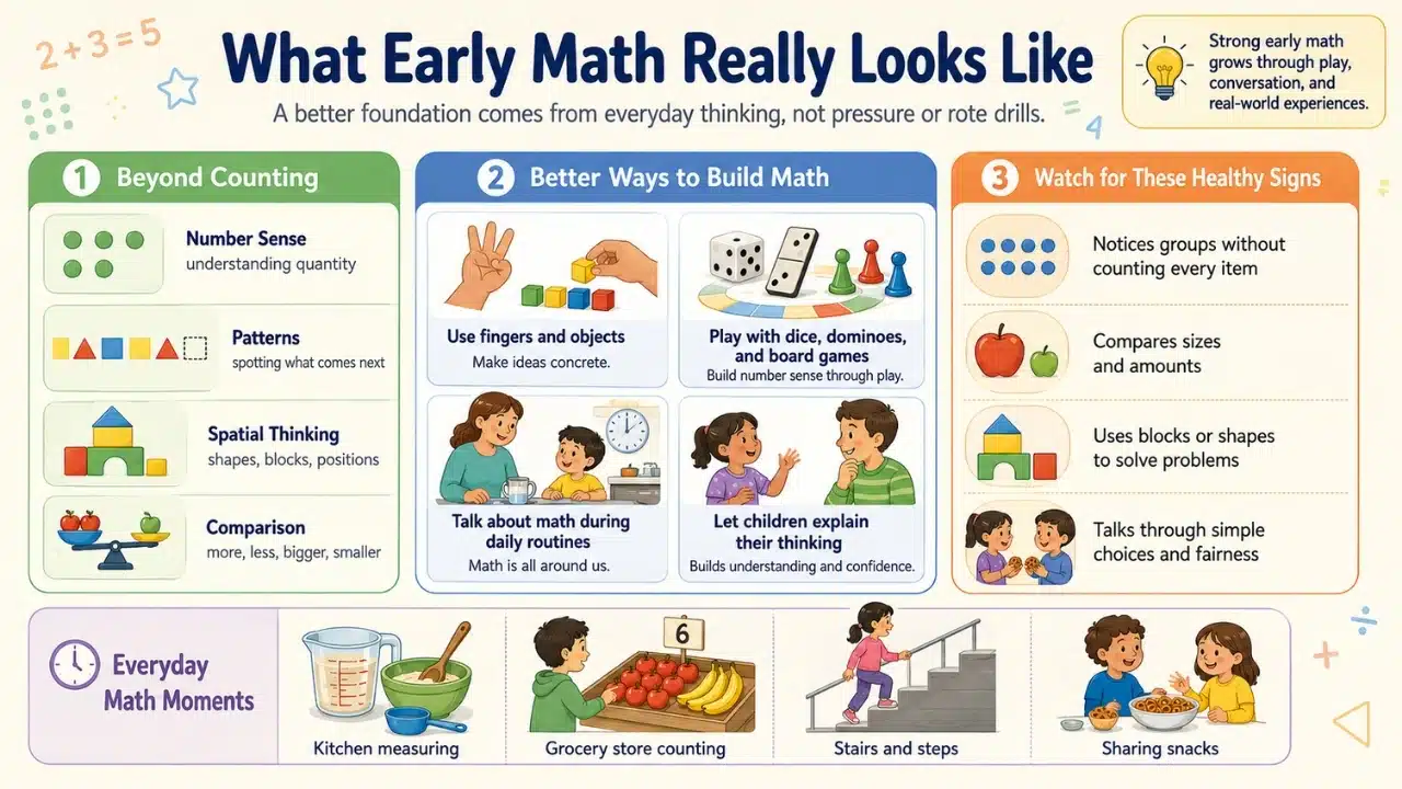 Infographic showing healthy early math foundations including number sense, patterns, spatial thinking, comparison, and everyday learning