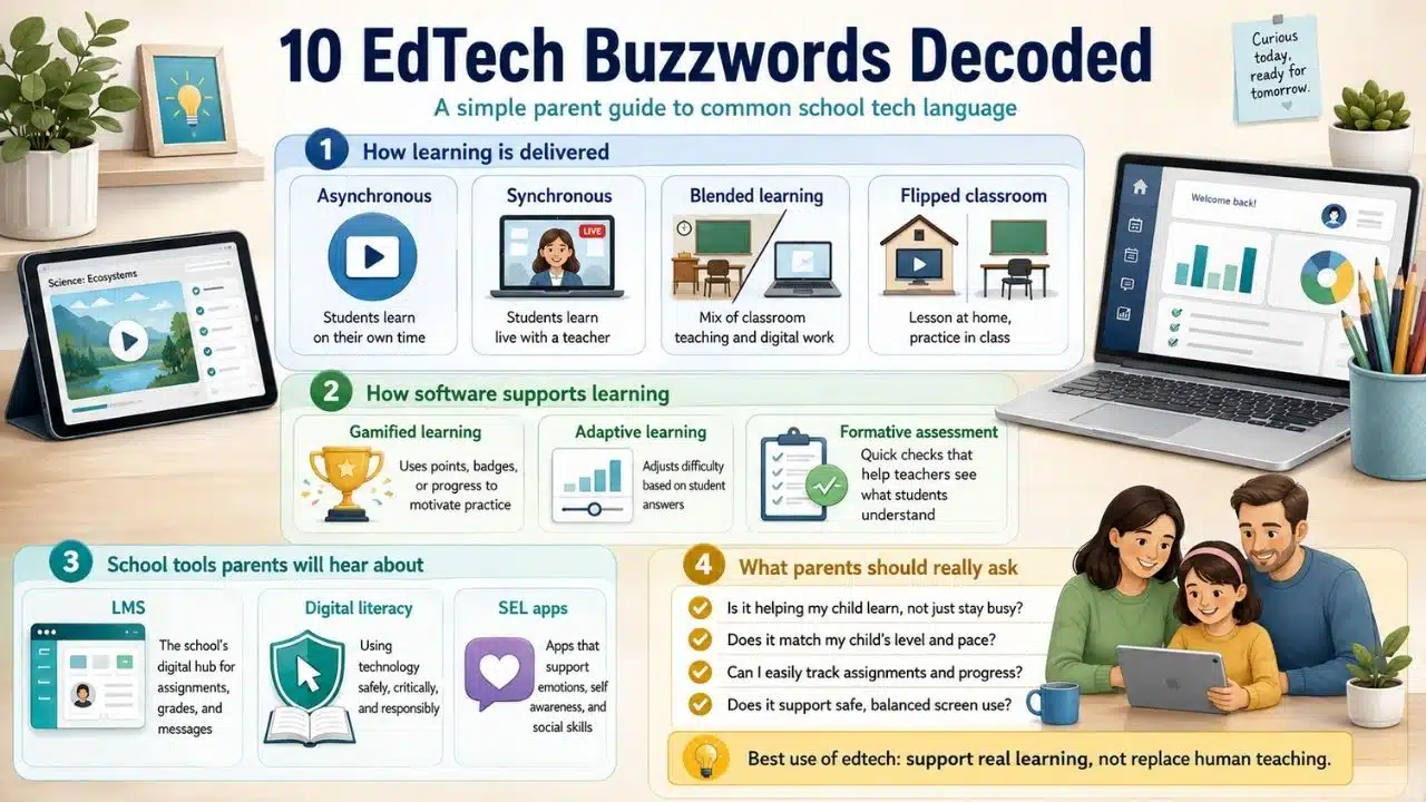 Infographic explaining common education technology terms, learning formats, digital school tools, and questions parents should ask about edtech.