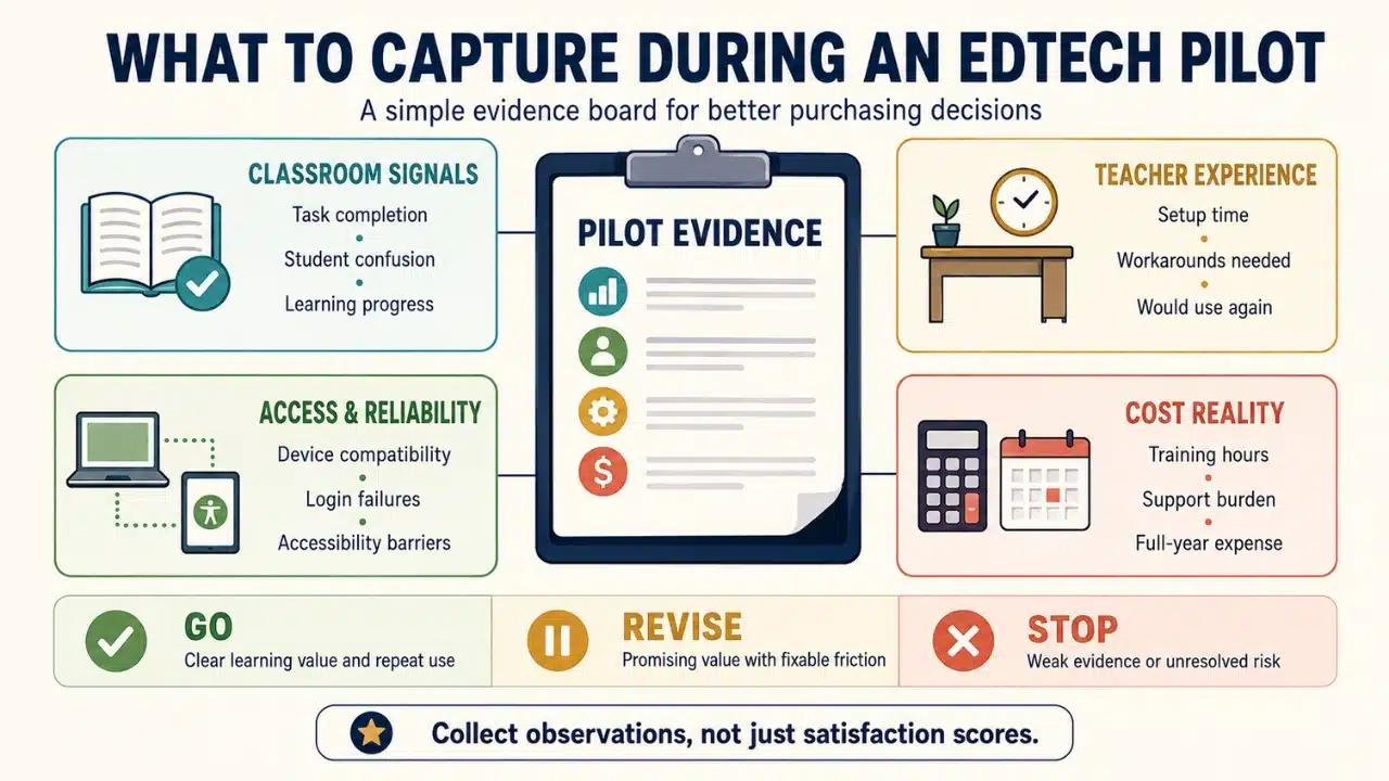 EdTech pilot framework showing the classroom, teacher, accessibility, reliability, and cost evidence schools should collect.