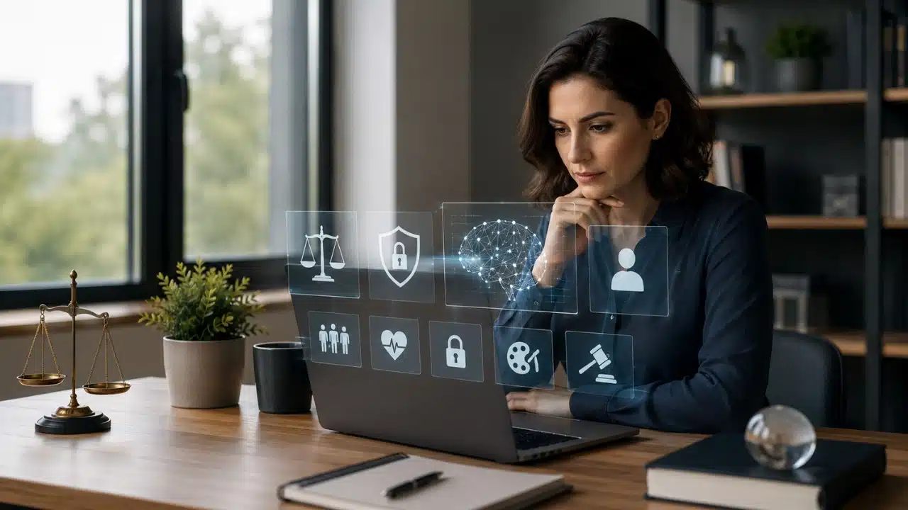 Ethical dilemmas of artificial intelligence shown through a professional reviewing AI systems for fairness, privacy, security, and accountability.