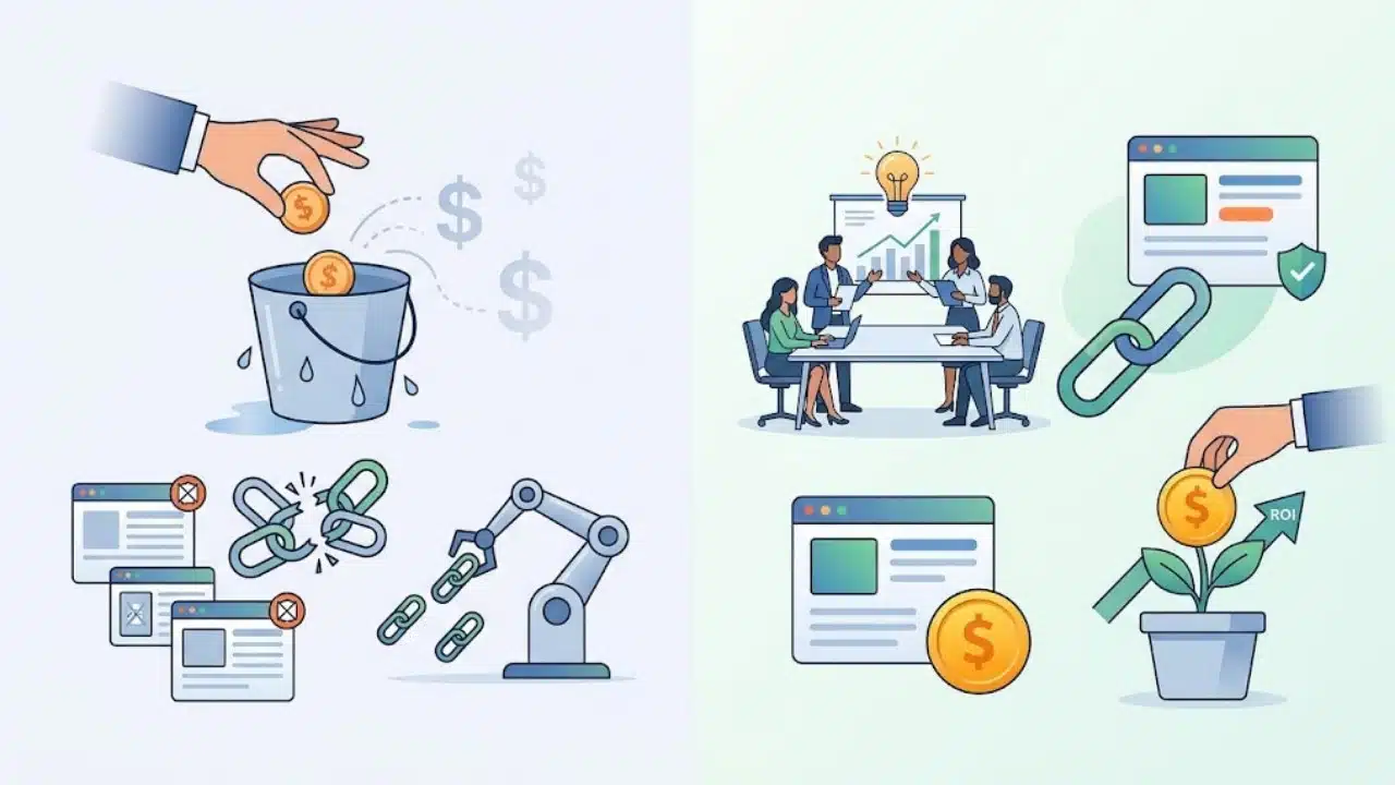 A side-by-side illustration exposing link building myths by contrasting budget lost on spammy backlinks with long-term SEO growth to help marketers protect their investment.