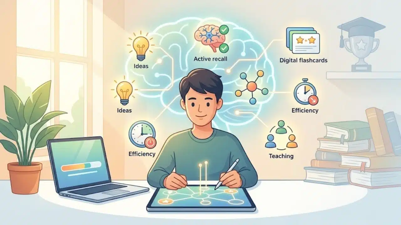A student sitting at a clean desk with glowing cognitive study icons representing active recall and time management, demonstrating how to study smarter not longer to improve learning efficiency and memory retention.