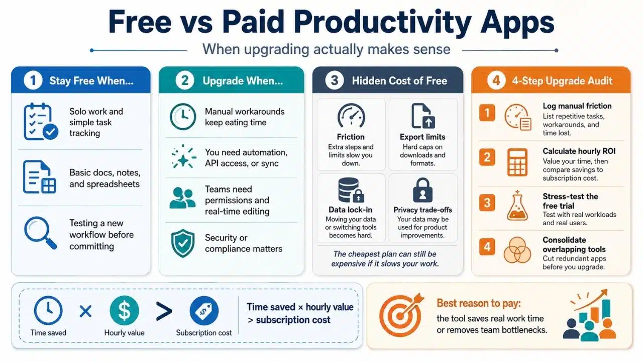 Infographic comparing when to stay with free productivity apps, when to upgrade, hidden costs, and how to evaluate subscription value