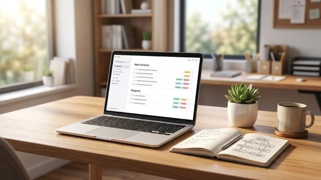 A clean office desk featuring a laptop and journal illustrating the getting things done methodology for stress free productivity and task management.