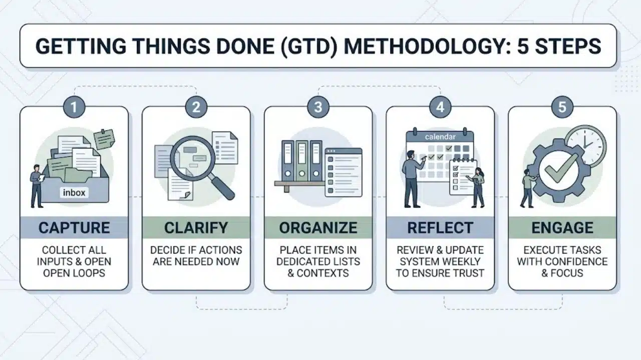 An infographic illustrating the five steps of the getting things done methodology including capture, clarify, organize, reflect, and engage.