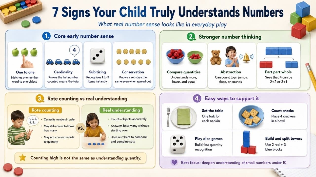 Infographic showing the signs of real number sense, including counting objects, recognizing small quantities, comparing amounts, and using simple play activities.