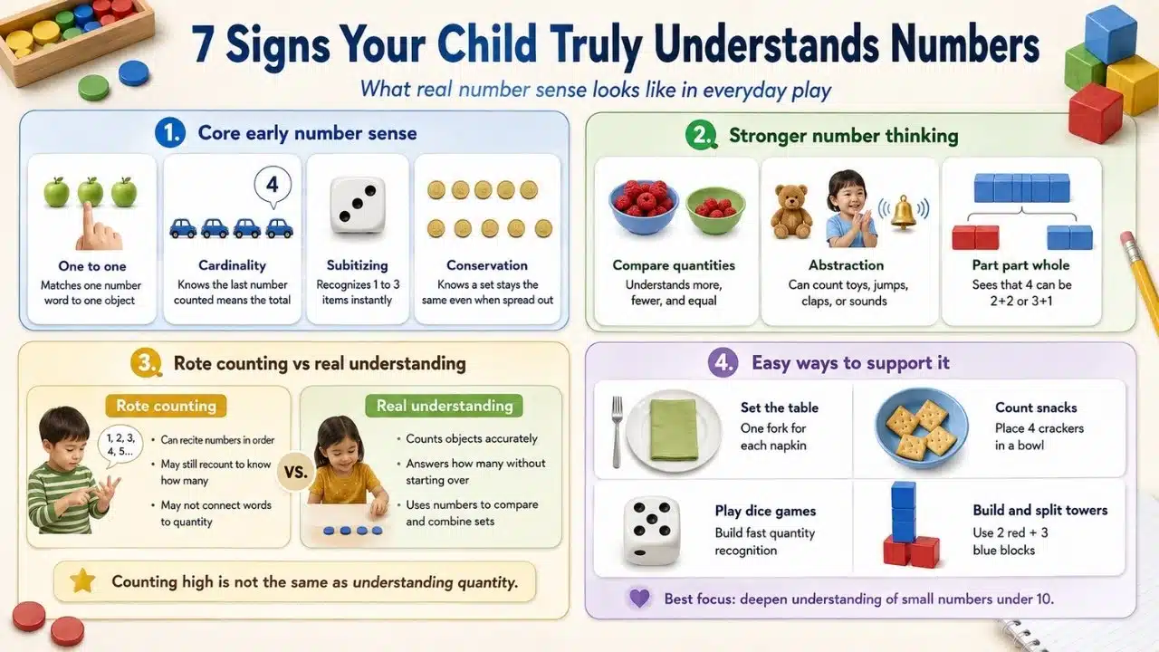 Infographic showing the signs of real number sense, including counting objects, recognizing small quantities, comparing amounts, and using simple play activities.