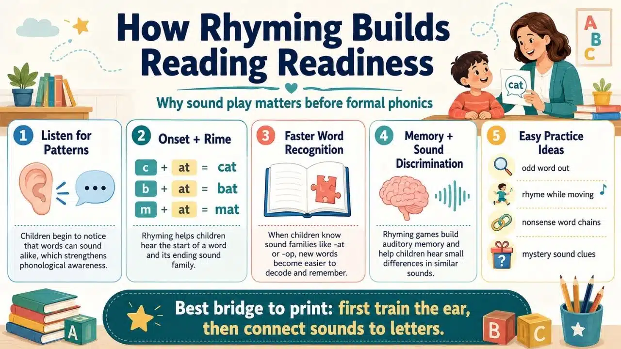 Infographic showing how rhyming develops sound awareness, onset and rime skills, word recognition, auditory memory, and reading readiness.