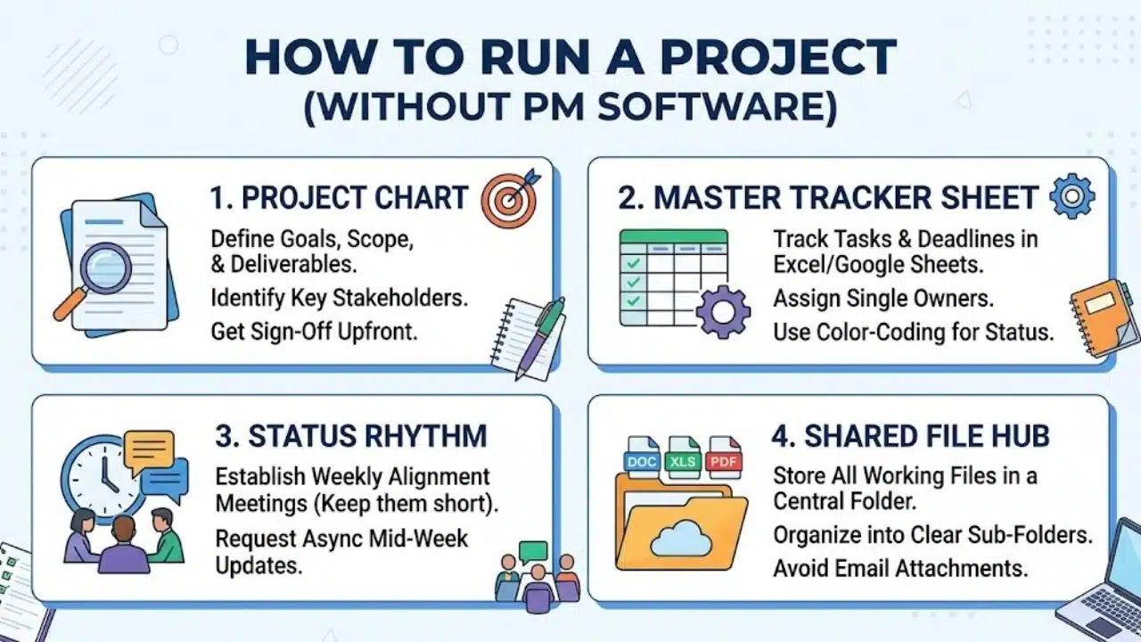 A modern four panel infographic detailing the essential pillars to run a project without specialized software: creating a project charter, using a master spreadsheet tracker, establishing a communication rhythm, and organizing files in a shared hub.