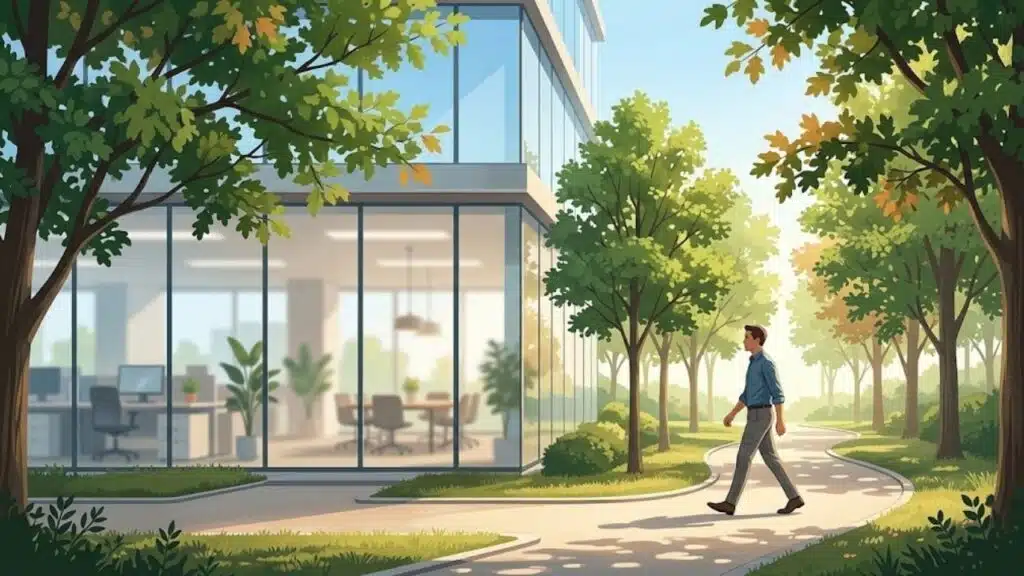 A professional taking a restorative outdoor walking break near a modern office building to illustrate how to take effective work breaks for focus restoration