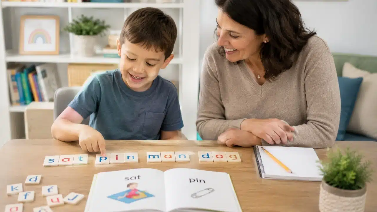 How to teach letter sounds in order using letter tiles and guided phonics practice to help a child blend sounds into simple words.
