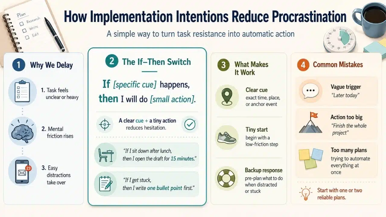 Infographic explaining how implementation intentions use clear cues and small actions to reduce procrastination and make task initiation easier