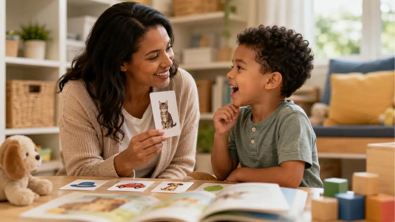 Parent using picture cards with a child to practice sound patterns, showing the importance of rhyming in phonics for early reading readiness.