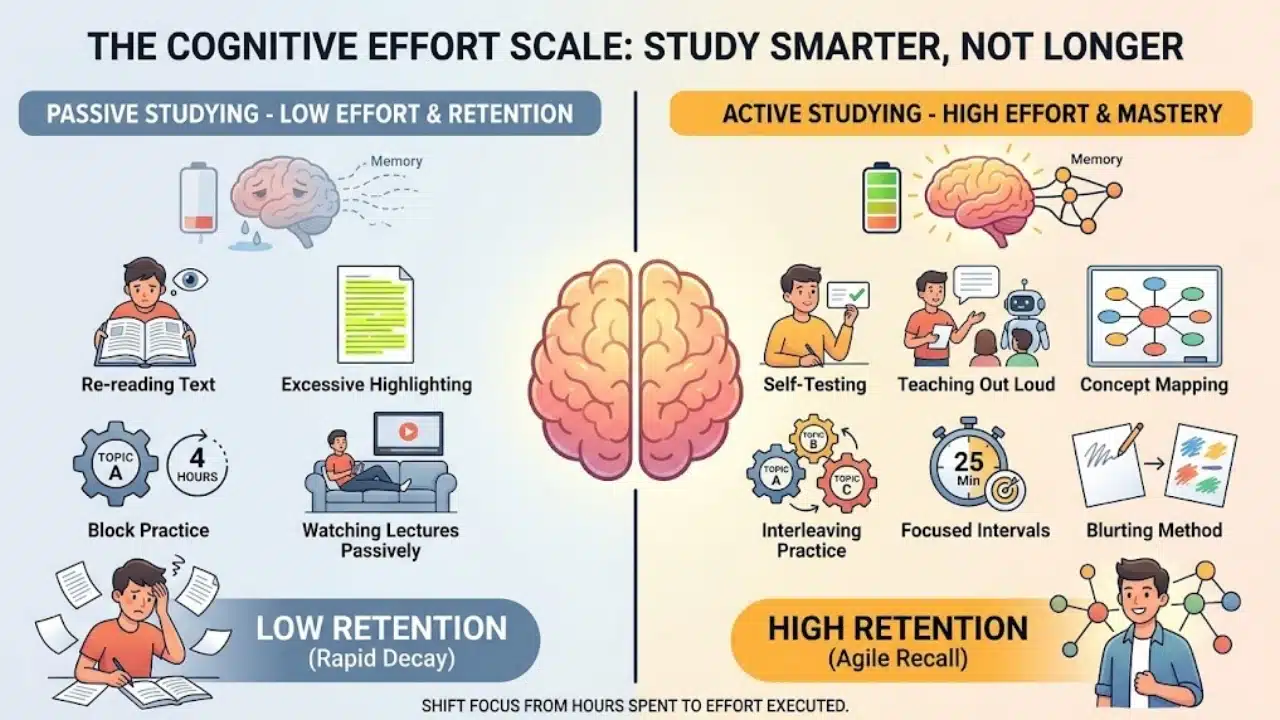 A visual infographic diagram contrasting low-effort passive studying methods against high-effort active studying strategies, helping learners choose habits that maximize memory retention.