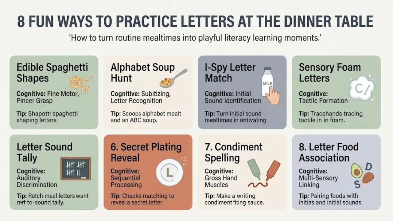 A clean eight panel visual guide outlining creative mealtime activities including alphabet soup hunts sauce writing and sensory foam to help parents practice letters at the dinner table with toddlers